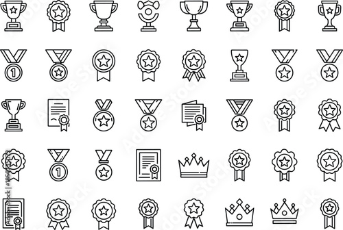 Award trophy and medal line icon set, achievement symbols collection, prize cups ribbons crowns certificates, outline vector illustration design pack