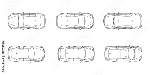 CAD Drawings. Top down plan view only of passenger cars, including sedan, hatchback, SUV, coupe, and station wagon isolated on white background. Vector illustration.