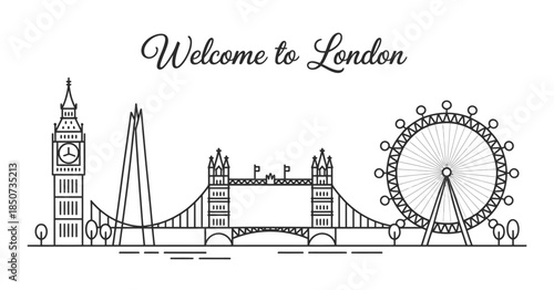A modern line art illustration capturing London's iconic landmarks like the Big Ben and London Eye, showcasing the city's charm and architectural beauty.