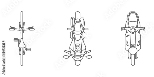 CAD Drawings. Top down view of two wheel transport, including bicycle, motorcycle, and scooter isolated on white background. Vector illustration.