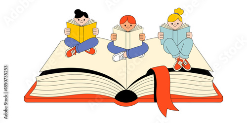 This vibrant illustration features three children sitting on an open book, deeply engrossed in reading, showcasing the joy and power of storytelling through literature.