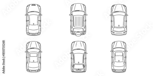 CAD Drawings. Top down view only of passenger cars, including sedan, hatchback, SUV, coupe, and station wagon isolated on white background. Vector illustration.