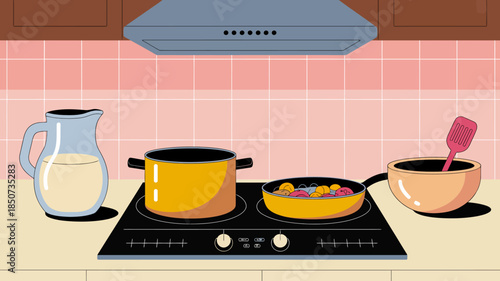 This image showcases a vibrant kitchen setting with pots, a pan filled with colorful vegetables, and a pitcher of milk, portraying the joy of cooking at home.