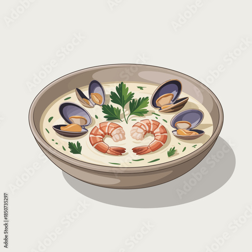A lavish bowl of creamy seafood chowder, garnished with shrimp and mussels, highlighting gourmet cuisine and culinary artistry in an appealing presentation fit for any dining occasion.