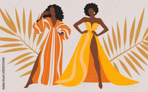 Two fashionable women model vibrant outfits against a backdrop of tropical leaves. This image celebrates style, confidence, and the beauty of self-expression in fashion.