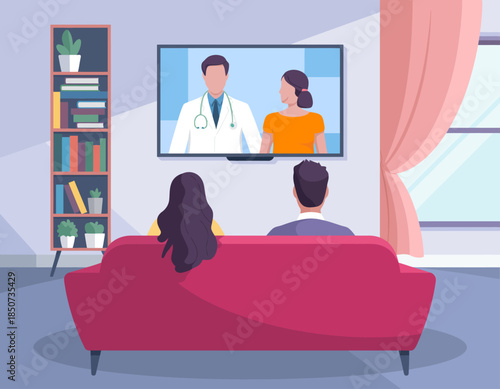 This image depicts a family sitting on a couch watching a doctor on television, representing the shift to digital healthcare consultations from home in a modern setting.