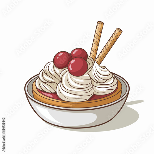 A mouth-watering ice cream sundae featuring luscious whipped cream, cherries, and crispy waffle sticks, perfect for indulging your sweet tooth and celebrating joyful moments.