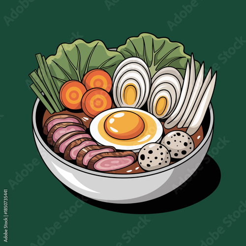 A beautifully arranged bowl of ramen featuring fresh vegetables, soft-boiled eggs, and tender meat, inviting food lovers to experience its vibrant flavors and aesthetics.
