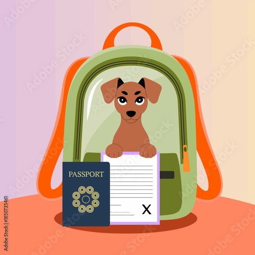 A playful dog peeks out from a backpack beside a passport, signifying adventure, travel, and companionship for pet owners who love to explore new places with their pets.