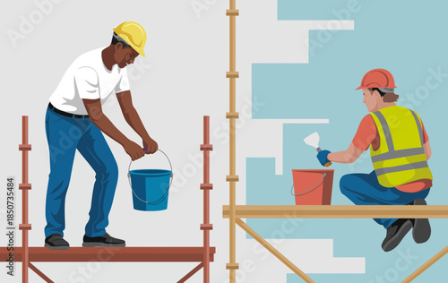 A vibrant illustration depicting two construction workers engaged in painting, showcasing teamwork and dedication in a construction environment.