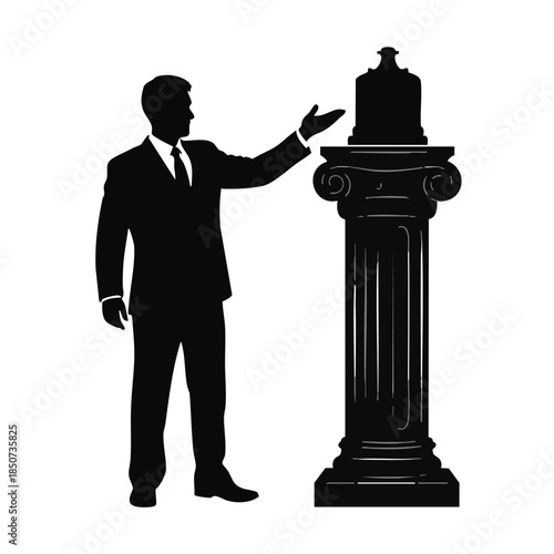 Businessman Presenting Monument on Pedestal.