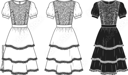 Tiered lace dress sketch, puff sleeve fashion CAD, front and back view, garment design, cad drawing flat vector illustration