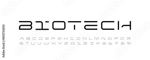 Technical font, digital wide alphabet, cyber letters from A to Z and numbers from 0 to 9 for you logo designs, vector illustration 10EPS