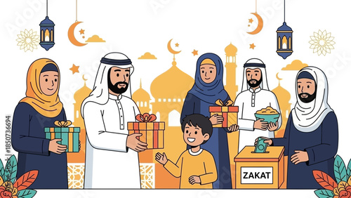 Muslim family celebrating Ramadan with gifts and zakat