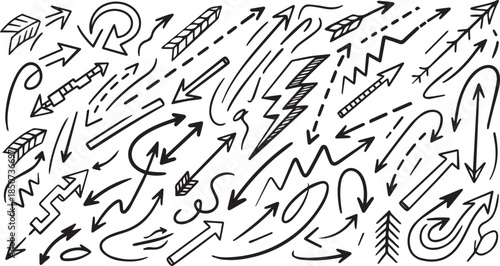 Navigational Arrows: A creative assortment of hand-drawn arrows, each pointing in a unique direction, create a dynamic and versatile design element, ideal for communication and visual guidance.