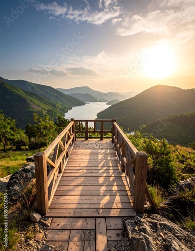 Wooden platform overlooks serene lake and mountain landscape at sunset