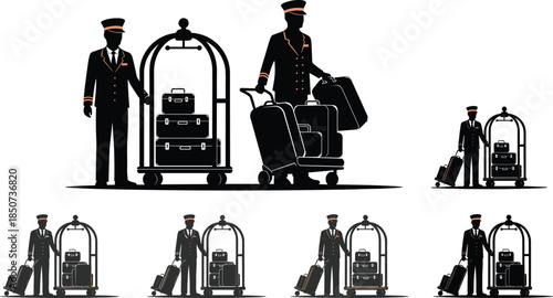 Hotel bellhop with luggage cart, travel service, hospitality staff, suitcase handling, black and orange vector art, uniformed porter, guest assistance