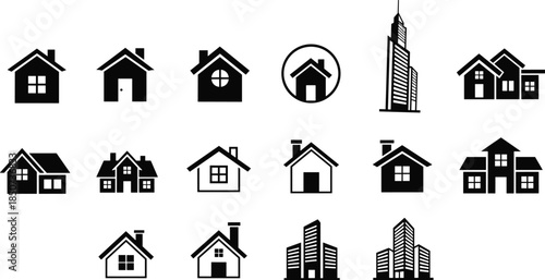 House and building icon set, real estate property symbols, home architecture silhouettes, residential and commercial construction icons collection vector