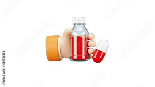 Cartoon Hand Holding Medicine Bottle and Pill - Healthcare Concept