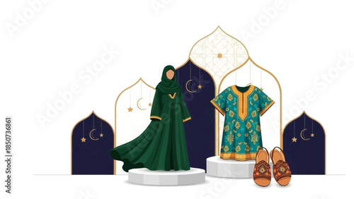 Elegant traditional Muslim clothing and accessories on display