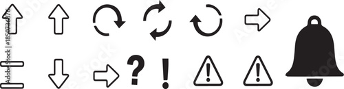 Variety of Icons: A collection of various icons which can be used for information, attention, or call to action, arranged on display. 