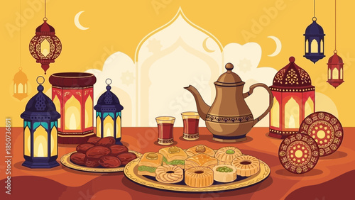 Vibrant Ramadan setting with traditional lanterns and delicious food