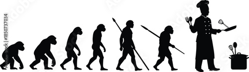 Human evolution to chef, funny progression, cooking concept, culinary skills, kitchen tools, modern humor, black silhouette, white background, creative illustration