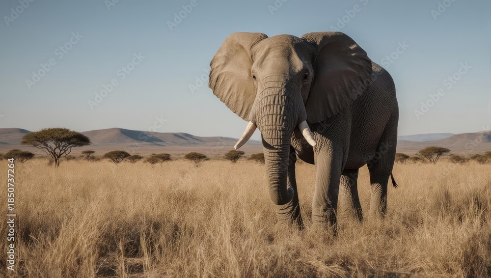 Fototapeta premium Majestic African Elephant Stands Proudly in the Savanna Grassland Under Clear Skies.