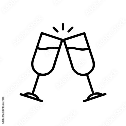 Outline of two champagne glasses clinking in celebration  