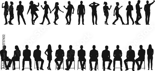 Human silhouette grid, standing poses, seated figures, expressive gestures, faceless people, posture contrast, character design, animation reference, social behavior illustration