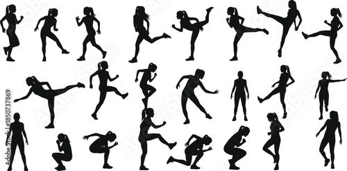Human silhouette poses, dynamic movement, martial arts, exercise gestures, walking, running, kicking, stretching, animation reference, body mechanics, faceless figure design