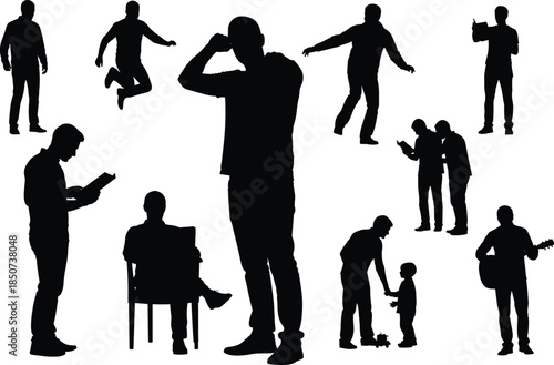 Human silhouette, daily activity, expressive poses, black illustration, casual movement, reading, dancing, thinking, interaction, lifestyle gesture, minimalist design, creative concept