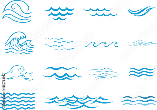 Ocean Waves and Water Line Icons – Hand-Drawn Aqua Elements Collection