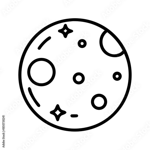 Simple line drawing of the moon with stars and craters  