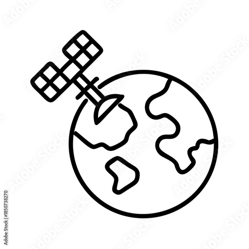Satellite orbiting Earth in minimal line art style  