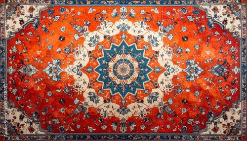 オレンジとブルーのオリエンタル絨毯模様｜クラシックな装飾背景Oriental Carpet Pattern in Orange and Blue | Classic Decorative Background
