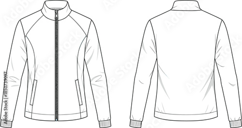 white cad drawing clothes "zipper jacket" front and back view, detailed fashion flat sketch, casual outerwear design vector technical illustration