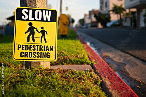Slow pedestrian crossing sign along a quiet residential street in Sunset Beach, California, captured at golden hour with shallow depth and warm light.