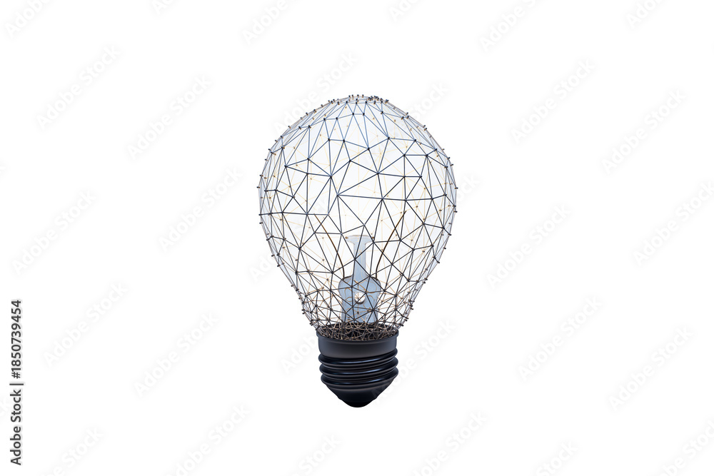 Fototapeta premium Wireframe polygonal lightbulb symbol in abstract style on white background, concept of idea, creativity, invention, and modern technology. 3D Rendering