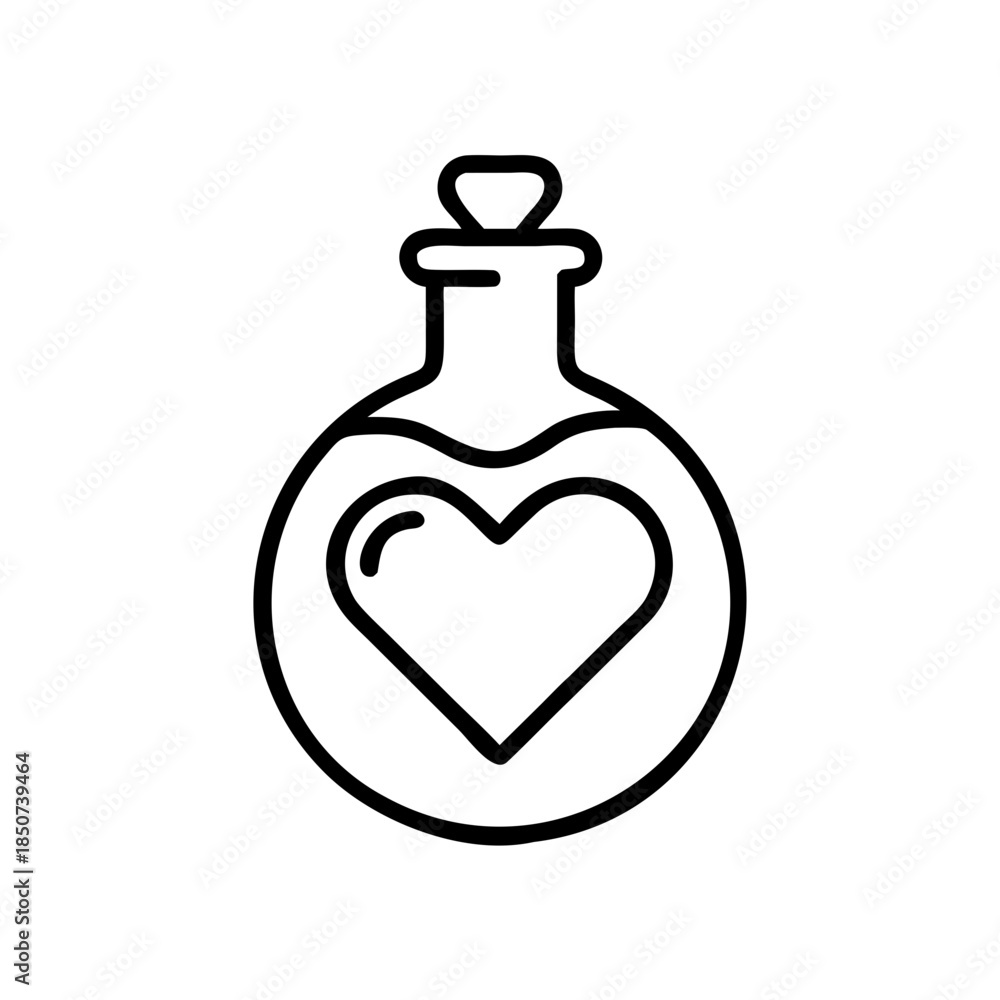 Fototapeta premium Love potion bottle with heart symbol in minimalist line art 