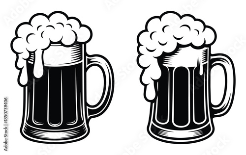 Vintage Beer mug silhouette, Black and white beer mugs overflowing with thick white foam, Classic beer glass, mug, graphics used for celebration, enjoyment, festive, occasions