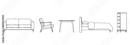 Furniture outline front and top view architectural designs. Set of isolated linear interior icons. Vector elements for apartments