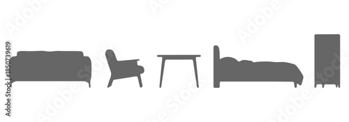 Furniture silhouette front and top view architectural designs. Set of isolated linear interior icons. Vector elements for apartments