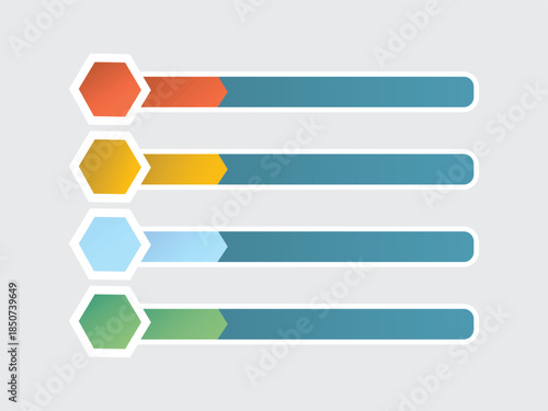 Four step infographic template with colorful hexagons and horizontal bars with arrowheads on a light gray background