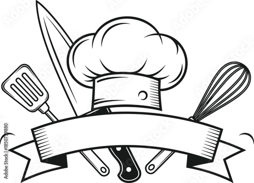 chef, kitchen, cooking, culinary, logo, emblem, hat, knife, whisk, spatula, banner, illustration, vector, outline, icon, chef hat, kitchen tools, cooking logo, culinary emblem