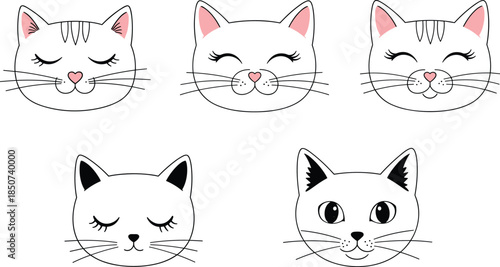 Cute cat face illustration set with different expressions, kawaii kitten avatars isolated on white background, cartoon pet icons collection