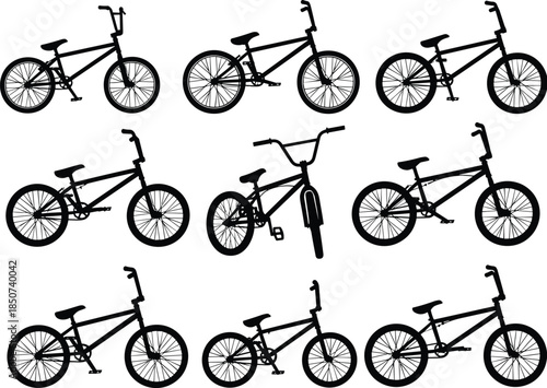 BMX bicycle silhouette collection set isolated on white background, extreme sports cycling icons, urban freestyle bike illustration pack