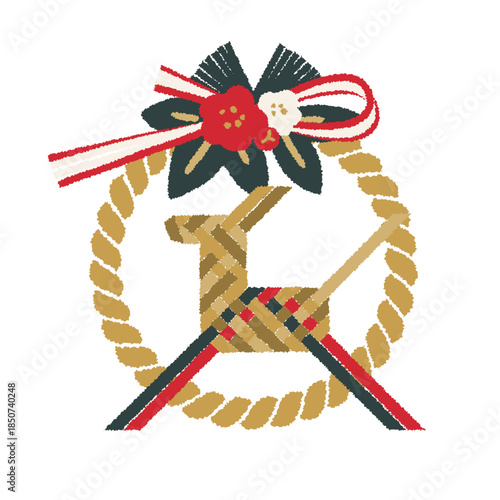 お正月飾り　松竹梅のしめ飾りとイタヤ細工風の馬　和モダンなイラスト