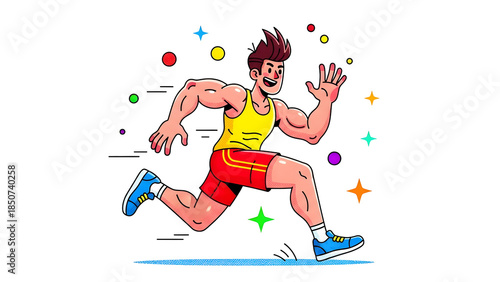 Young Male Sprinter Running with Playful Abstract Elements