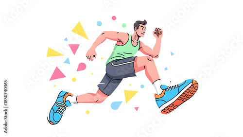 Strong Runner Sprinting with Geometric Background Illustration